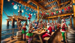 DALL·E 2024-12-22 15.23.16 - A lively Christmas beer party taking place on an offshore oil rig, featuring cheerful Christmas fairies and tipsy Santa Clauses. The industrial settin.webp